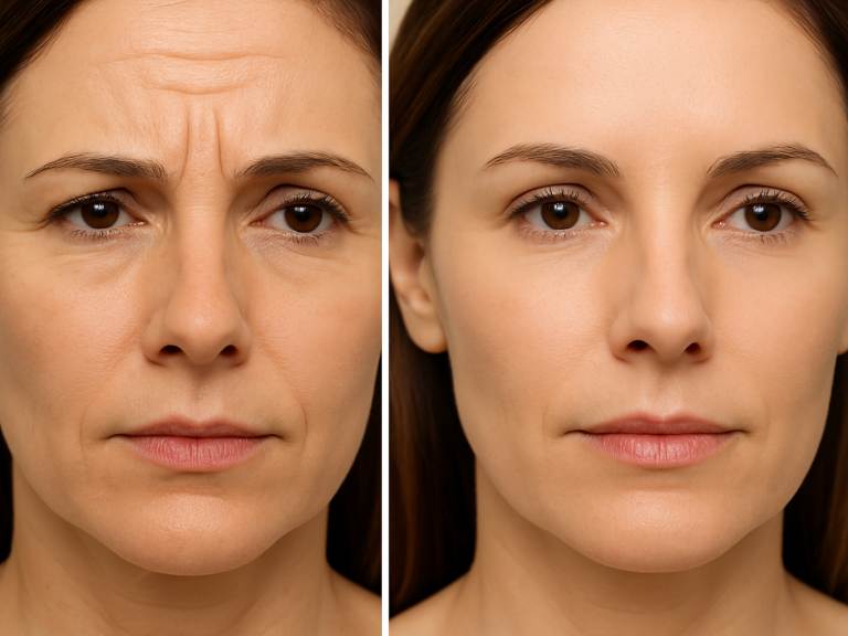 Vorher-Nachher Vergleich einer Gesichtsbehandlung mit Botox und reduzierter Faltenbildung.