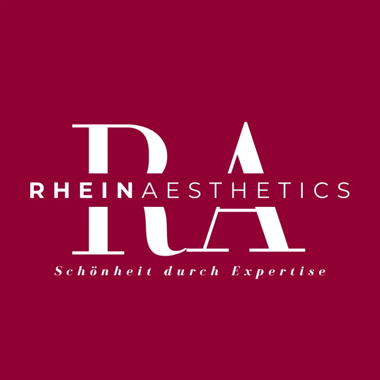 Das Bild zeig das Firmenlogo Rheinaesthetics auf rotem Hintergund.