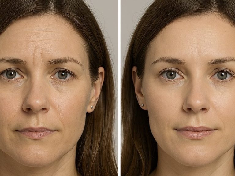 Botox Vorher-Nachher Vergleich Vorher-Nachher Vergleich einer Gesichtsbehandlung mit Botox und reduzierter Faltenbildung.